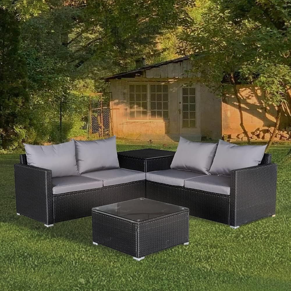 Rattan Garden Corner Sofa Set 4 Seater – Table, Storage & Cover, Outdoor Use
