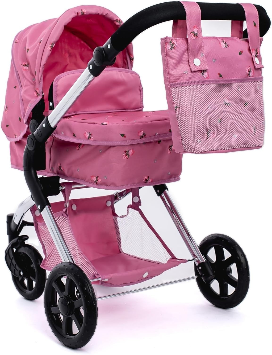2in1 Dolls Pram Pink Carrycot & Pushchair Foldable Adjustable Handle
