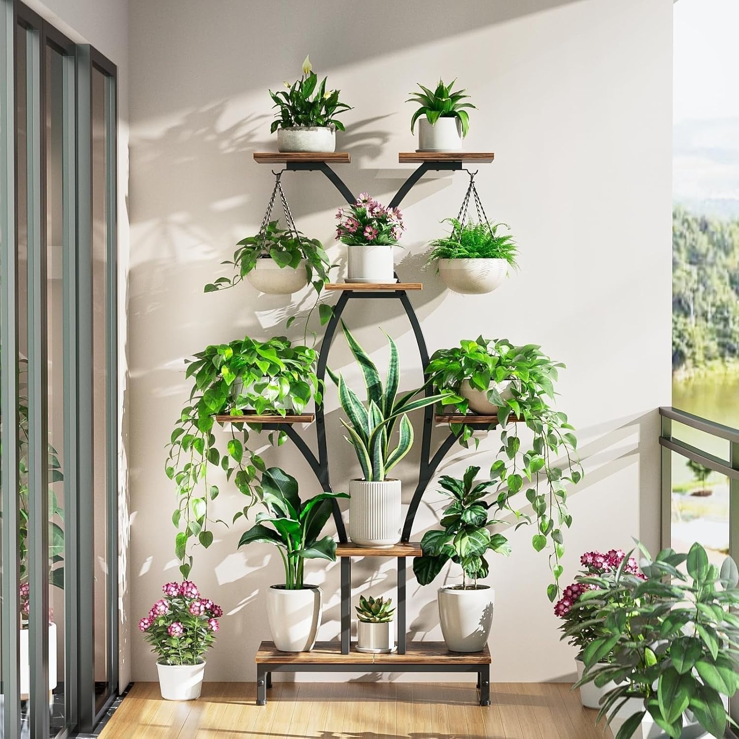 Tall Plant Stand with Grow Lights, Metal Flower Shelf for Home & Patio