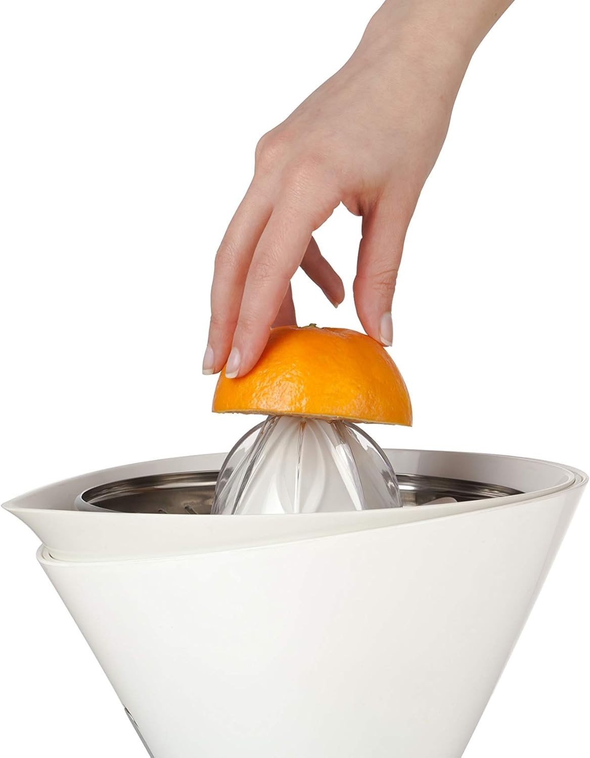 Electric Citrus Juicer Chrome Quiet Motor Dual Cones 0.6L Stainless Filter