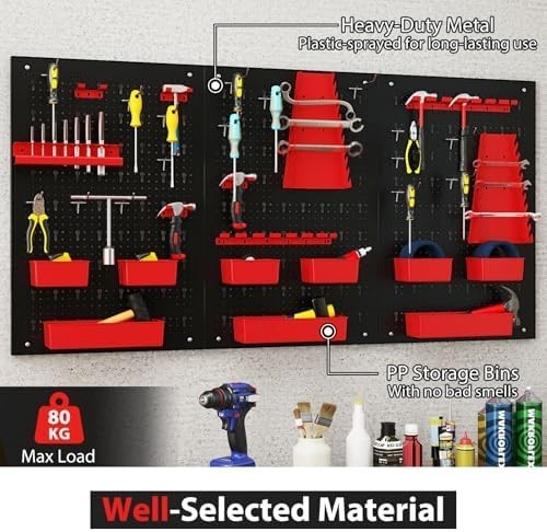 Customizable Wall-Mount Pegboard Kit 3PCS 120x60cm Alloy Steel Black+Red