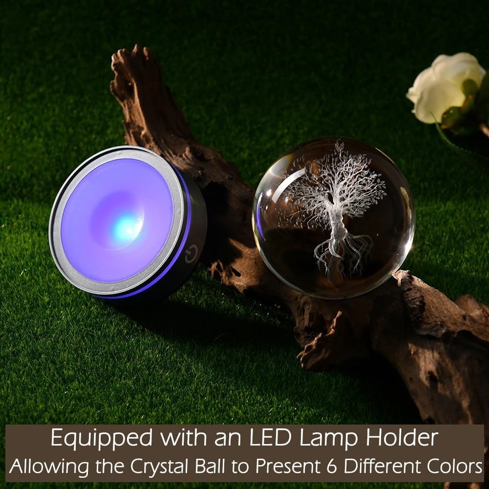 3D Tree of Life Crystal Ball LED Light • Engraved Glass Sphere Ornament