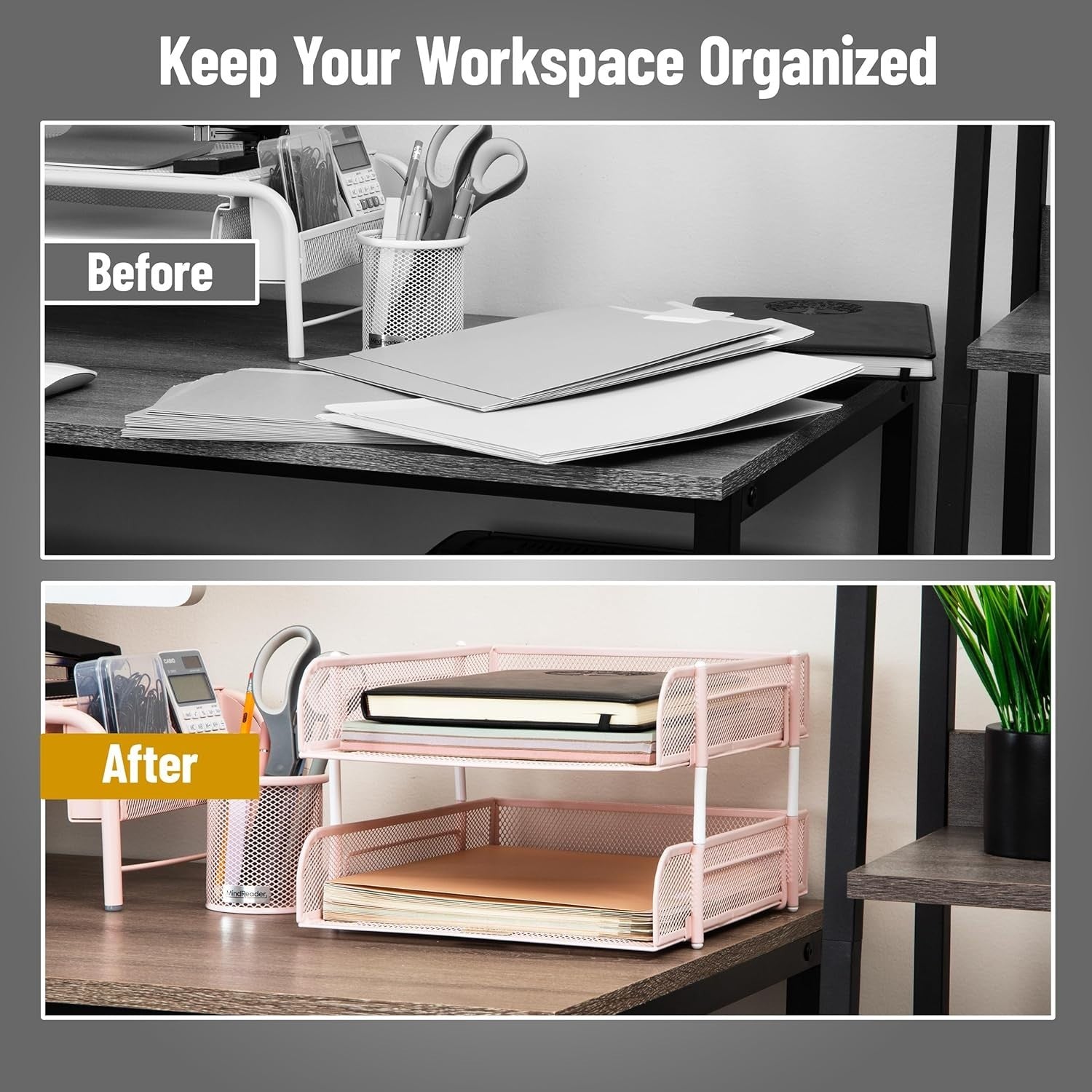 Stackable Metal Mesh Desk Organizer Tray 2-Tier File Storage Pink