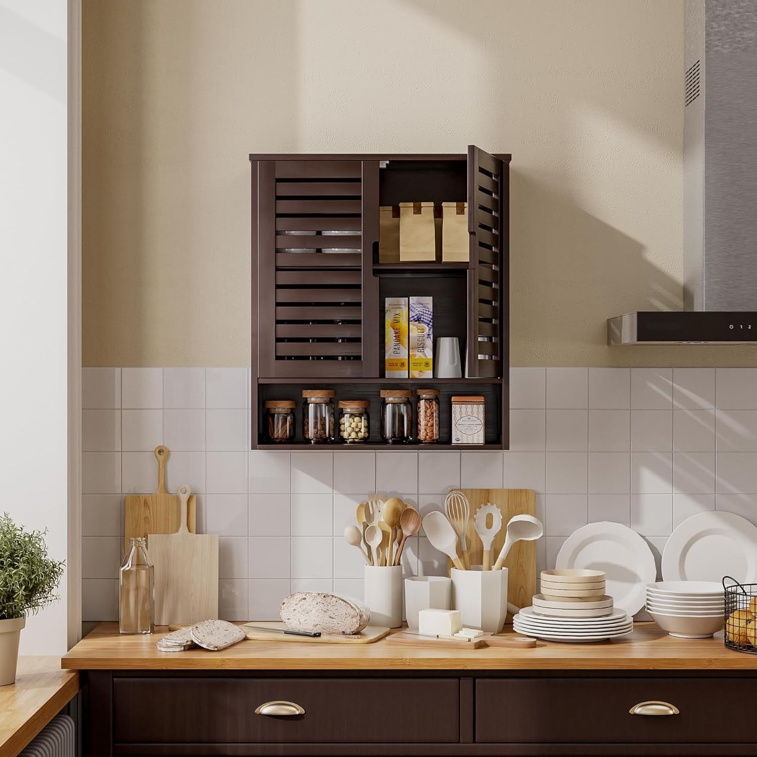 Brown Bathroom Wall Cabinet Storage – 2 Doors, Adjustable Shelves, Over Toilet