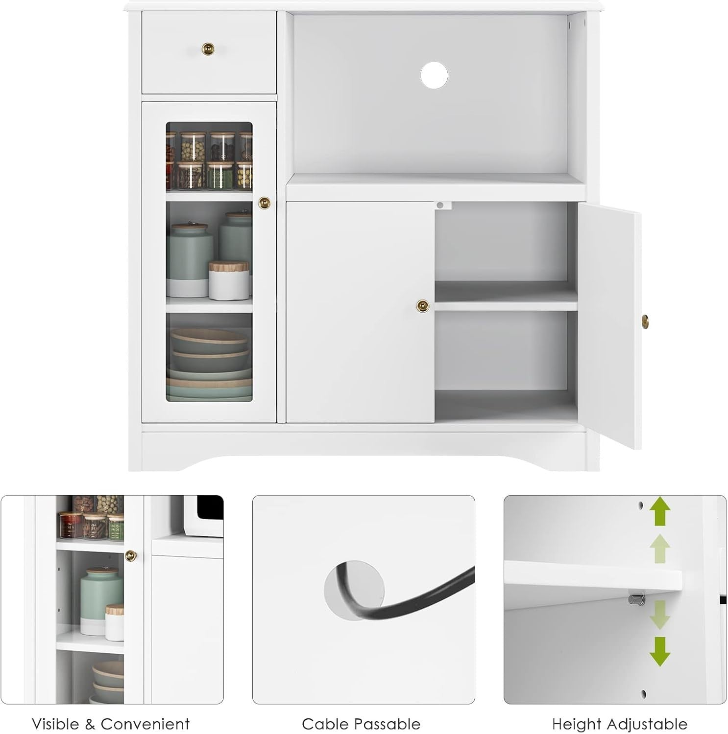 Adjustable White Kitchen Storage Cabinet with Microwave Shelf & Drawer 90x40x82c