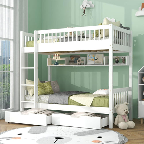 3FT Pine Wood Kids Bunk Bed with Drawer Storage & Shelf, 198x99x152cm