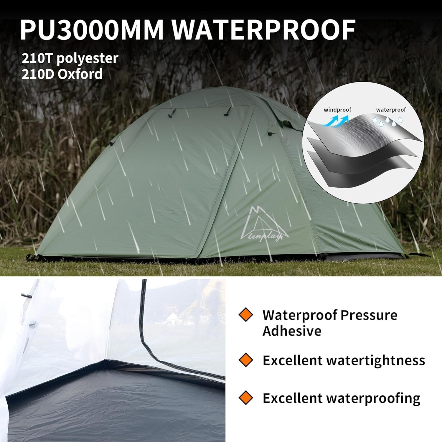 2 Man Camping Tent PU3000mm Waterproof Lightweight 2 Doors