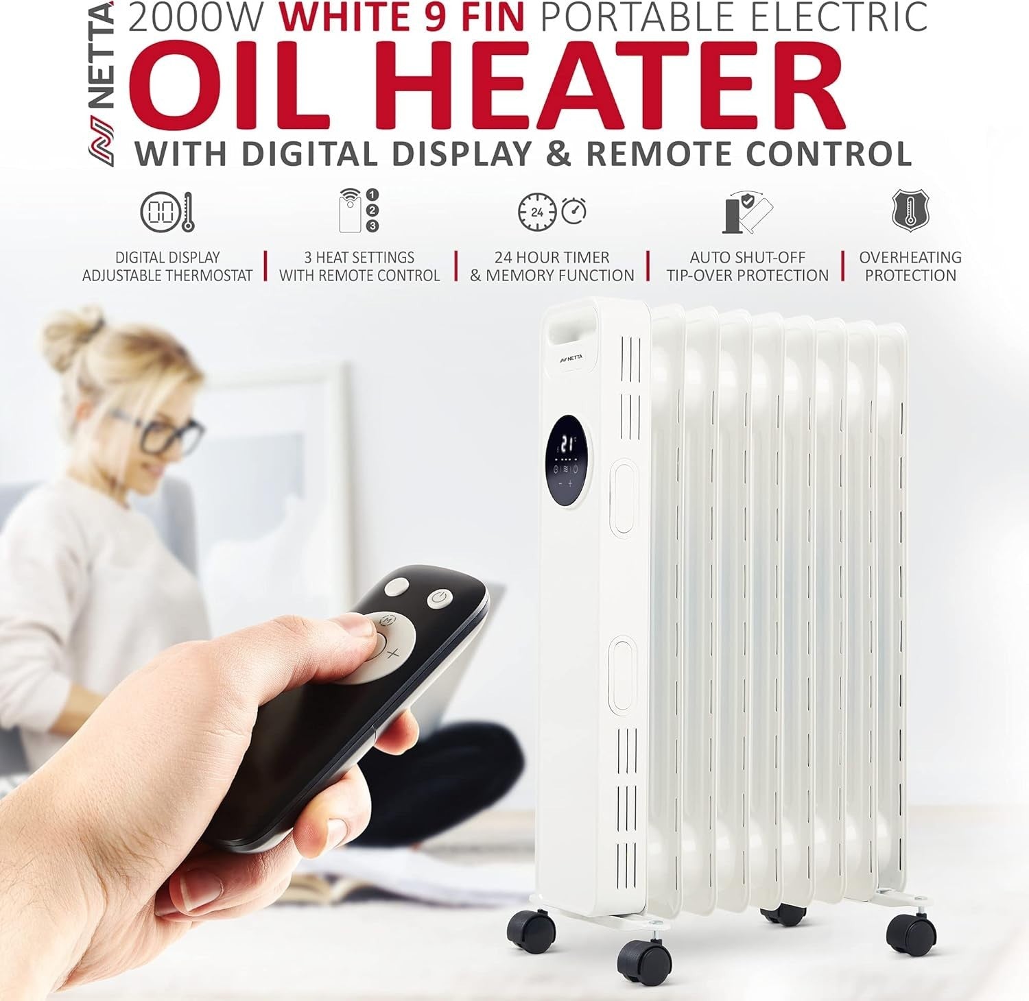 Oil Filled Radiator Heater 2000W Remote 24h Timer 9 Fin Silent White