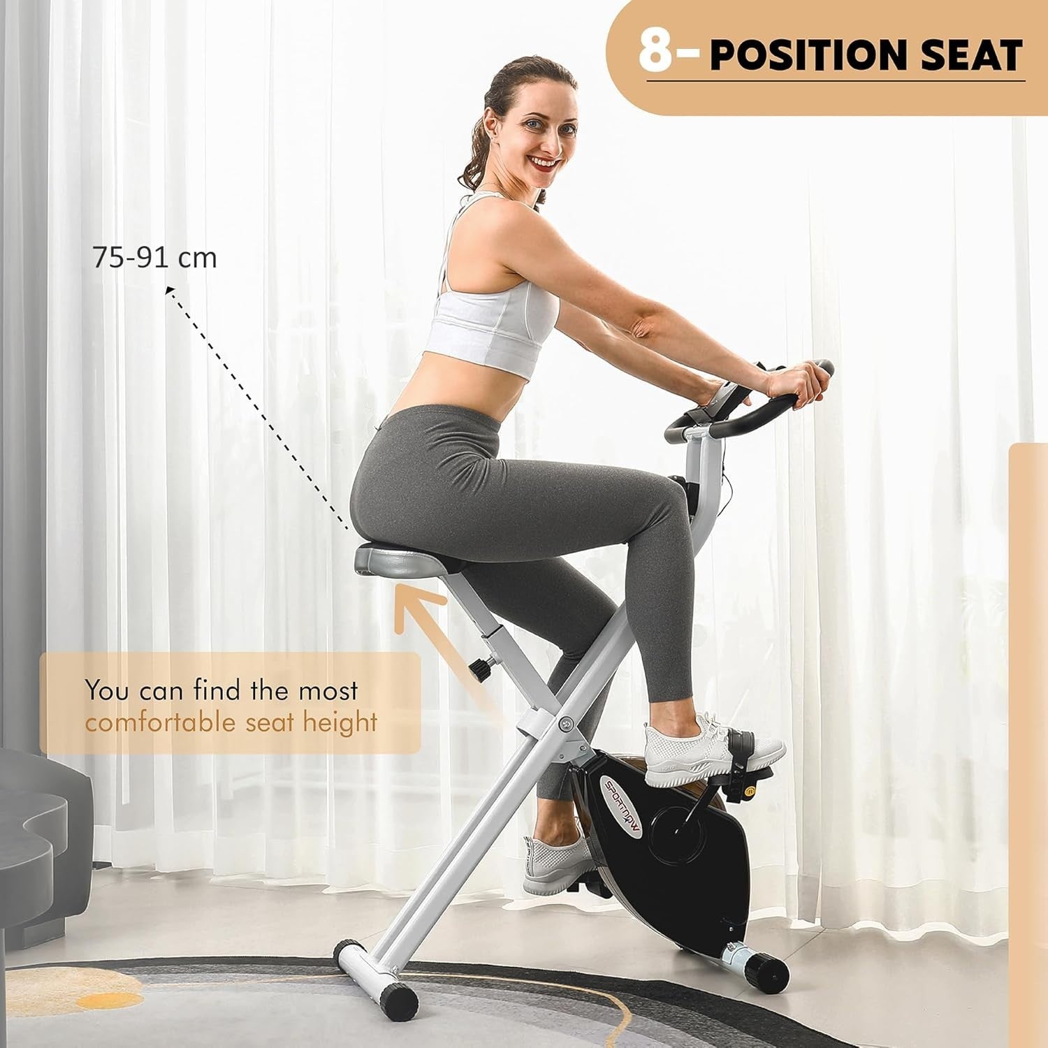 Foldable Magnetic Exercise Bike Quiet 8-Level Resistance LCD Pulse White