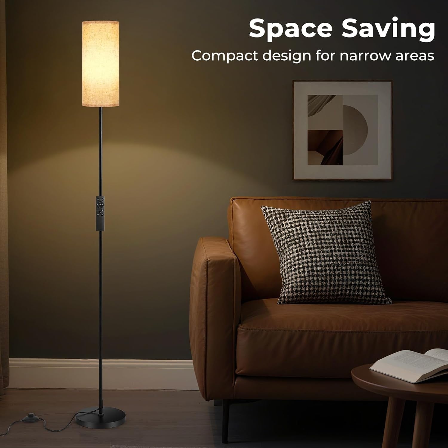 Dimmable Floor Lamp Beige Linen Shade Remote Foot Switch Modern Standing Light