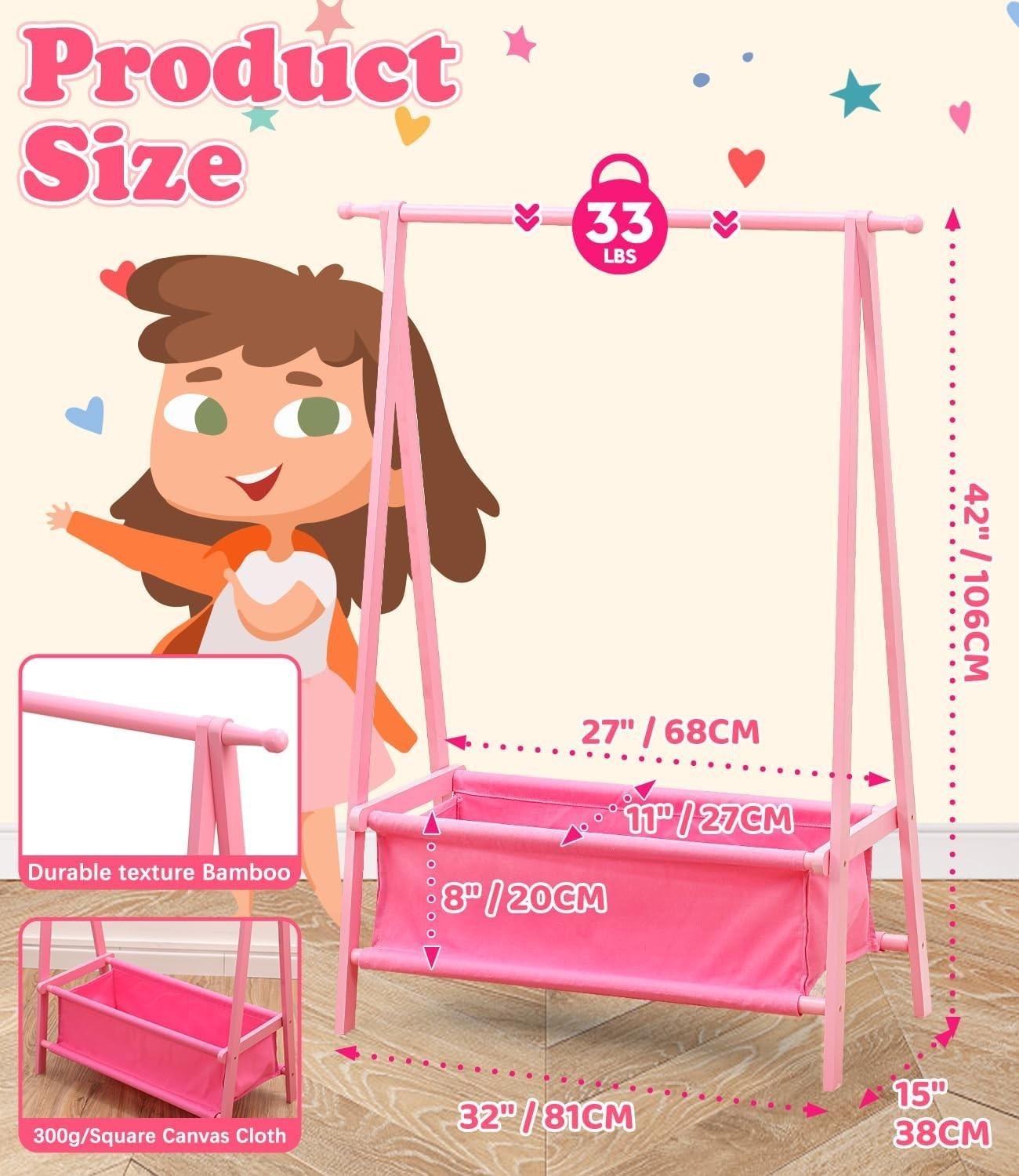 Pink Bamboo Kids Clothes Rack Dress Up Storage Stand