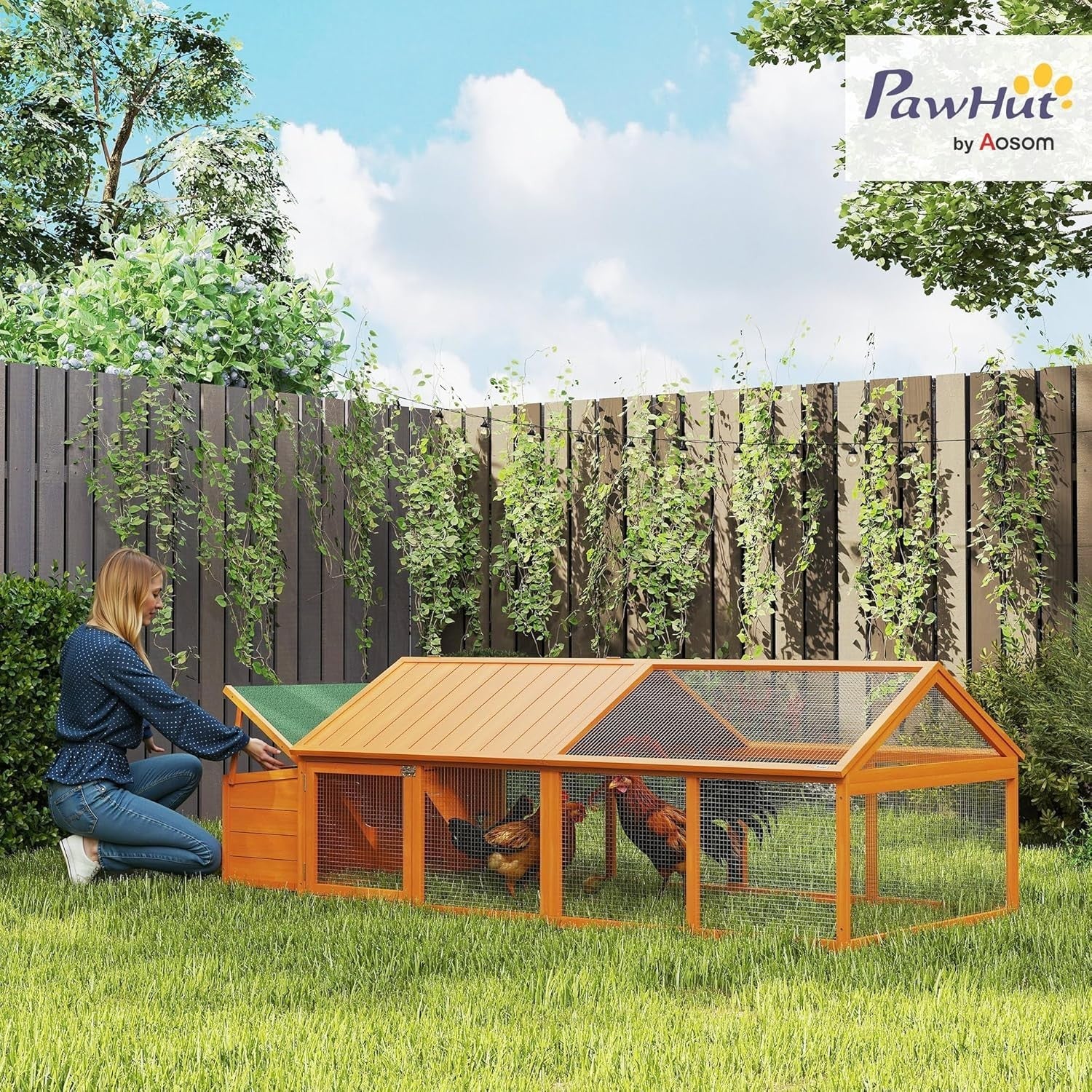 Large Wooden Chicken Run with Nest Box Open Roof Outdoor Coop 4–8 Hens