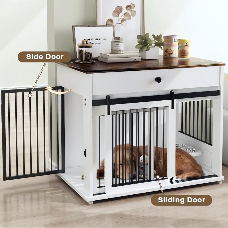 Large Indoor Wooden Dog Crate with Sliding Doors, Drawer & Rotatable Bowls