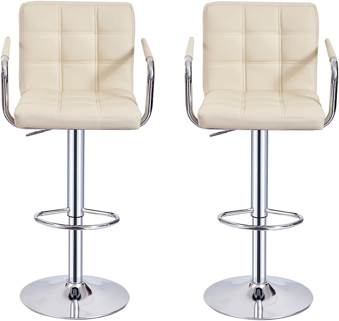 Set of 2 Beige Adjustable Swivel Bar Stools with Armrests & PU Leather