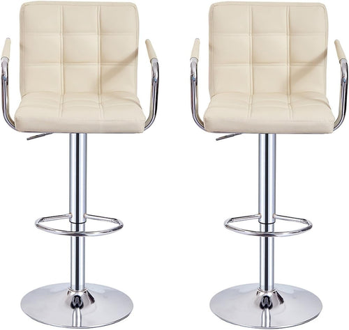 Set of 2 Beige Adjustable Swivel Bar Stools with Armrests & PU Leather
