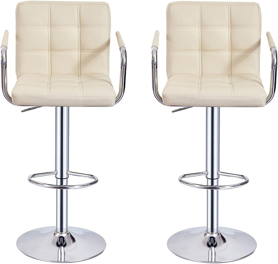 Set of 2 Beige Adjustable Swivel Bar Stools with Armrests & PU Leather