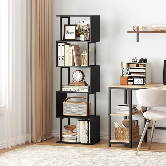 Modern S-Shaped 6 Tier Display Shelf Bookcase | Gold Frame White Storage Rack