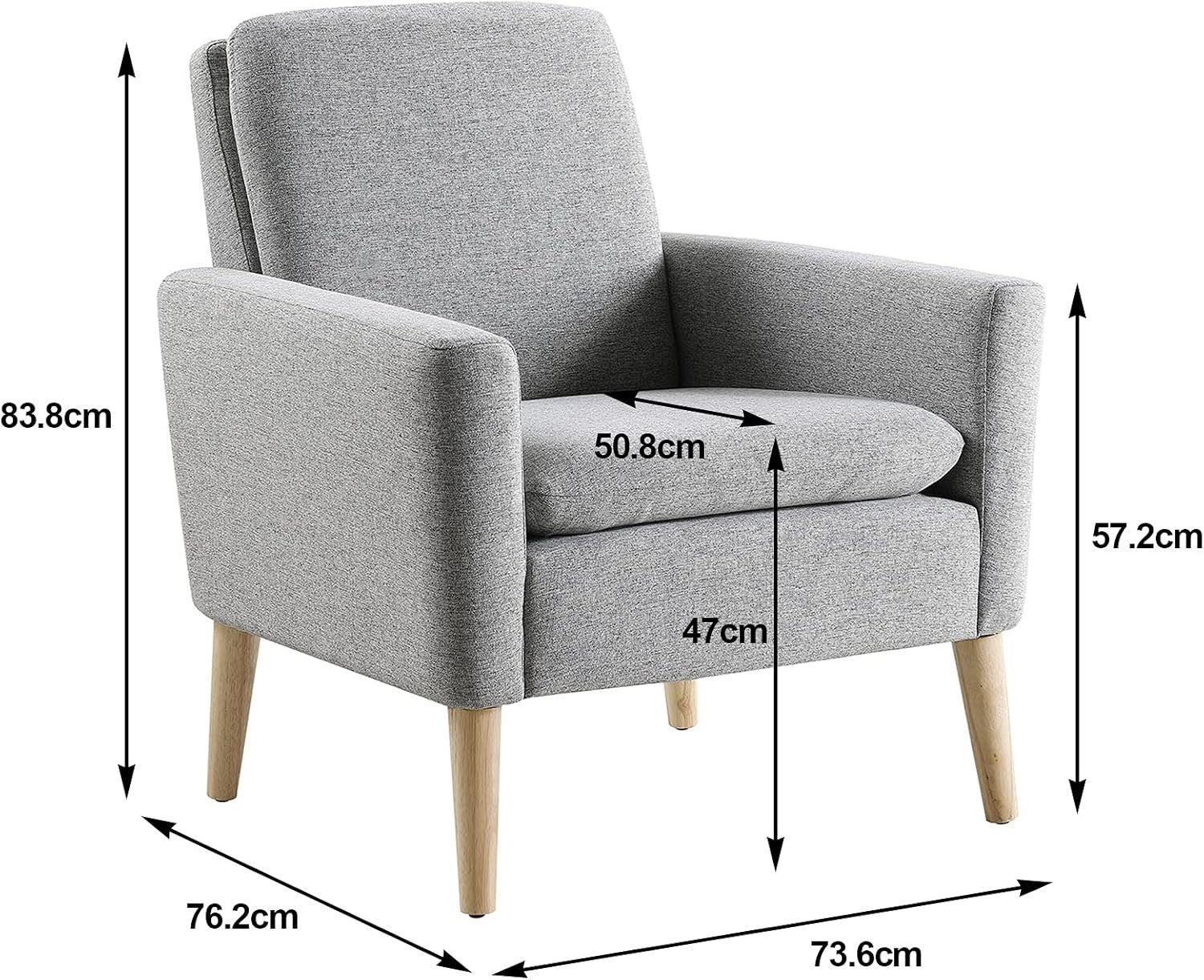 Grey Lounge Armchair Upholstered with Wood Legs for Living Room Bedroom