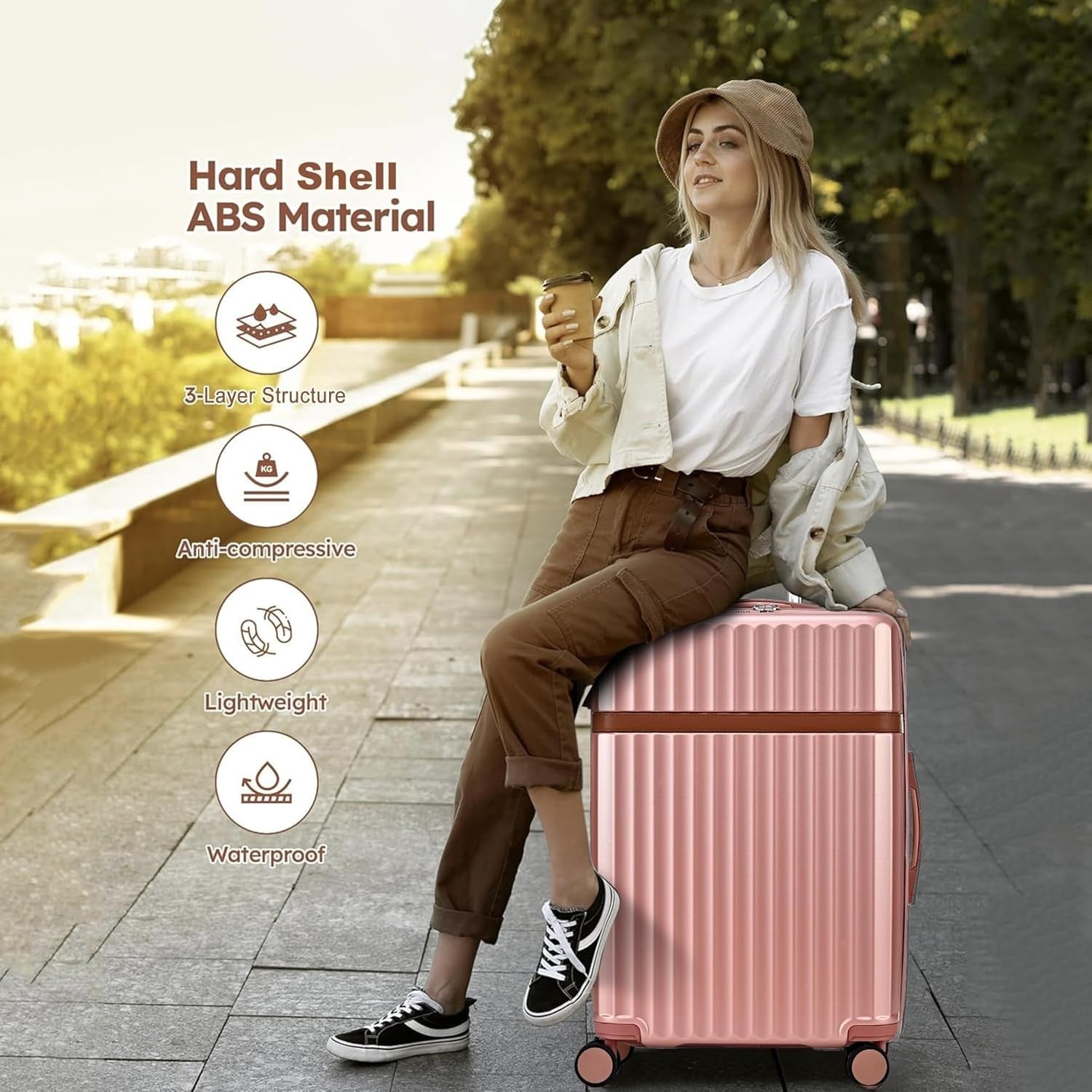24 Inch Medium Hard Shell Suitcase PC ABS Lightweight Spinner Lock Rose