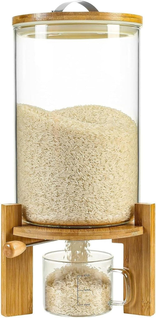 8L Glass Flour Cereal Container Airtight Rice Dispenser w Wooden Stand