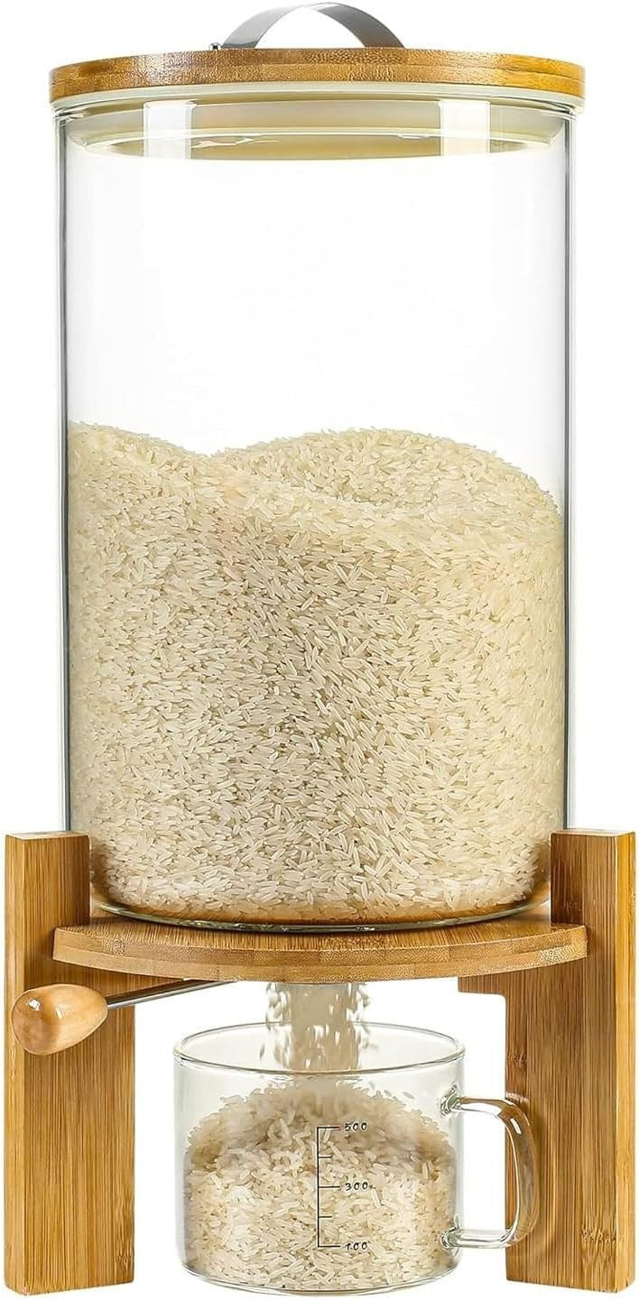 8L Glass Flour Cereal Container Airtight Rice Dispenser w Wooden Stand