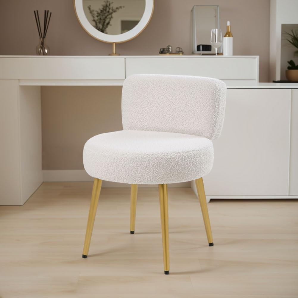 White Teddy Velvet Vanity Stool with Gold Legs – Tufted Back Dressing Chair
