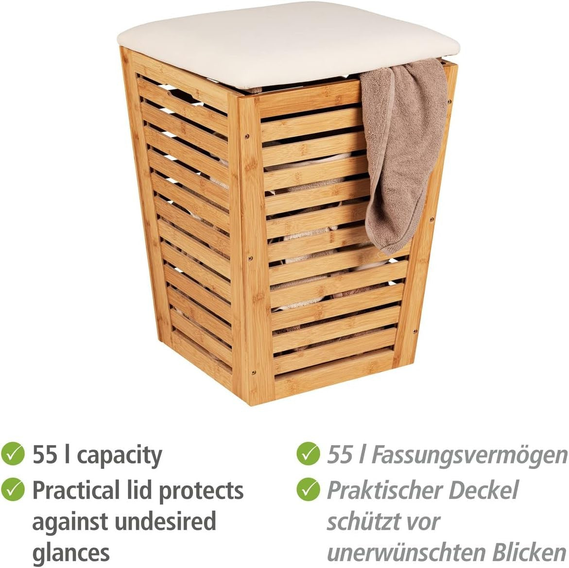 Bamboo Laundry Hamper with Seat Cushion 55L | Modern Ventilated Storage Basket