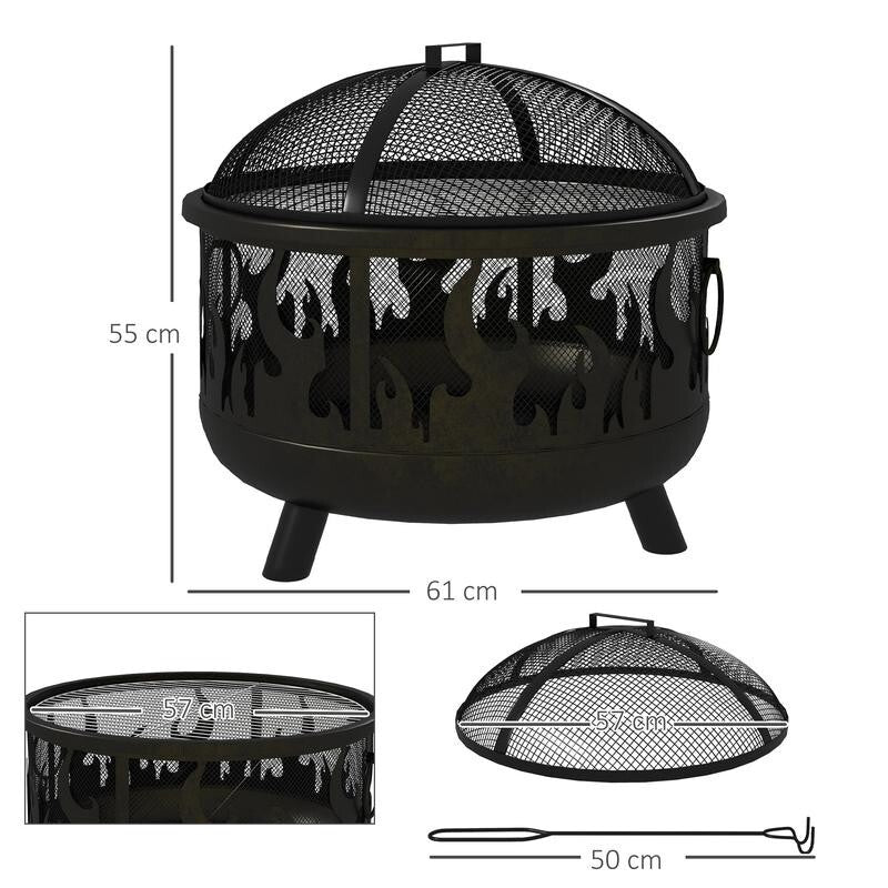 Large Steel Fire Pit BBQ with Mesh Lid & Poker – Safe Outdoor Heating