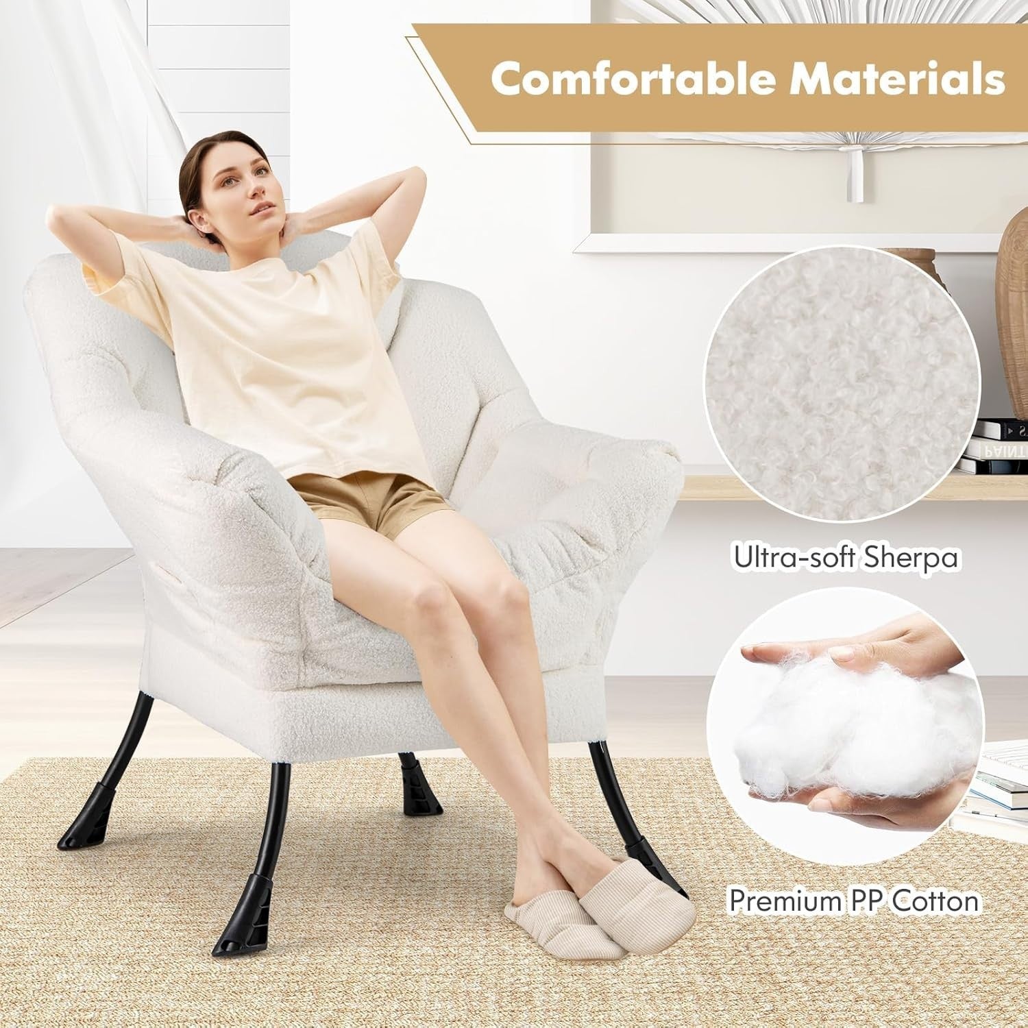 Beige Sherpa Armchair Comfy Lounge Reading Chair Sofa w/ Side Pocket