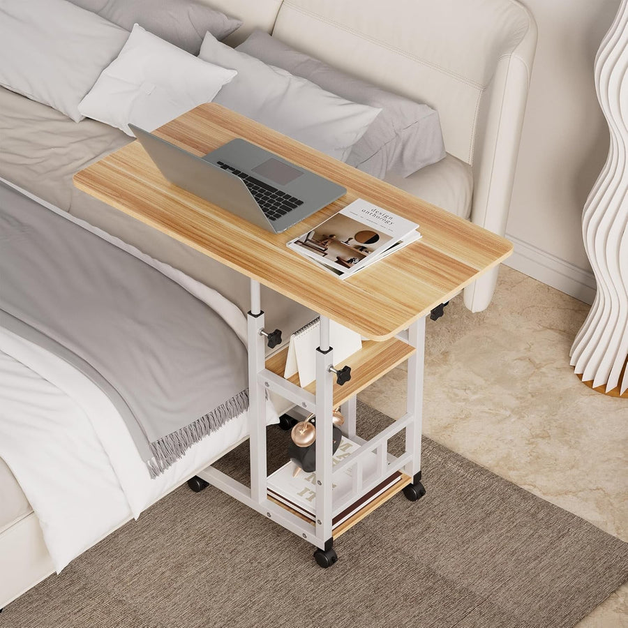 Overbed Table with Wheels Adjustable Height Bedside Laptop Desk Storage