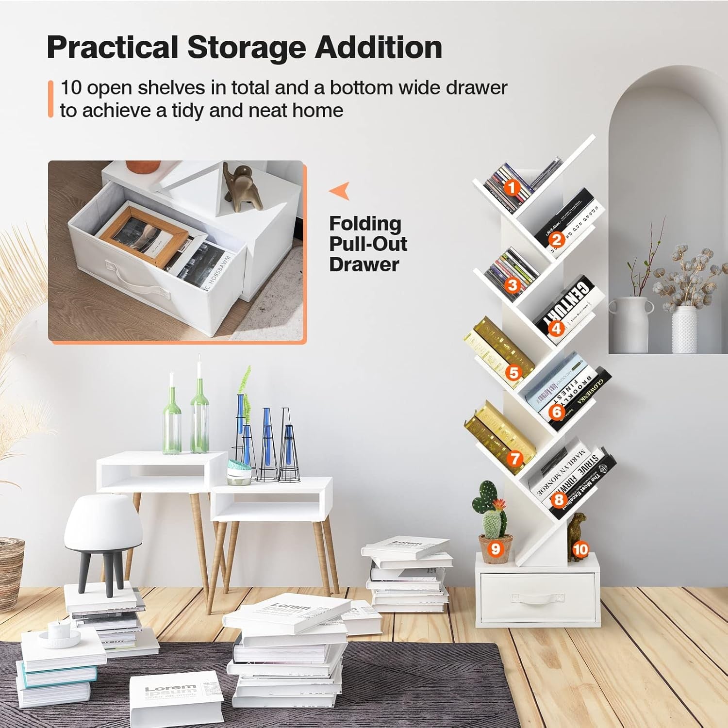 Modern 10-Tier Tree Bookshelf Slim Space-Saving Display Rack for Home Office