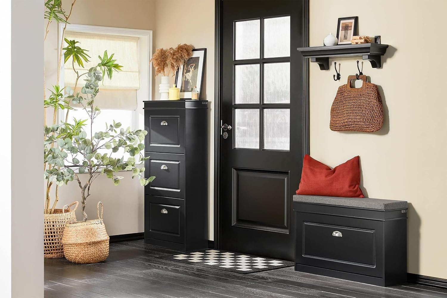Narrow Shoe Storage Bench with Flip Drawer & Grey Cushion, 61x24x51 cm Black