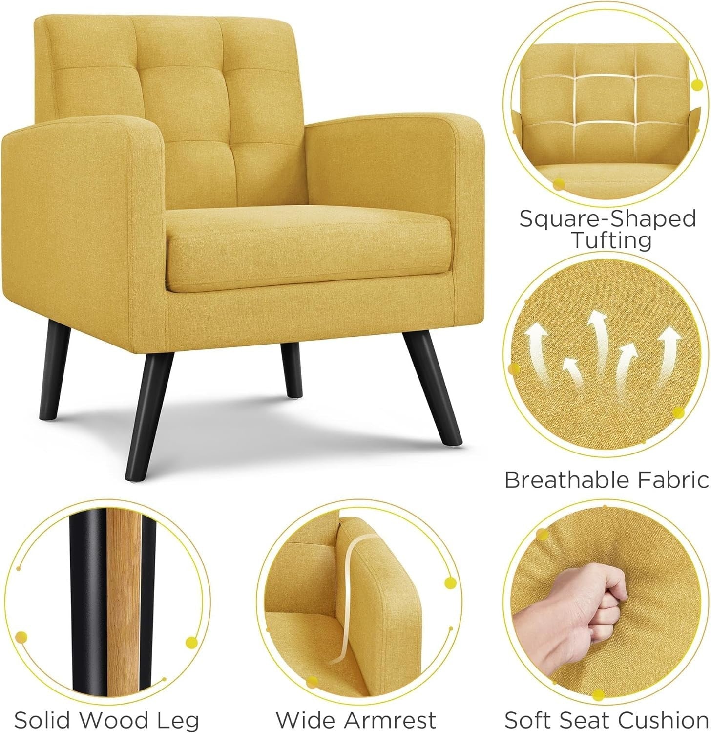 2x Yellow Accent Armchairs | Mid Century Tufted Lounge Chairs Set