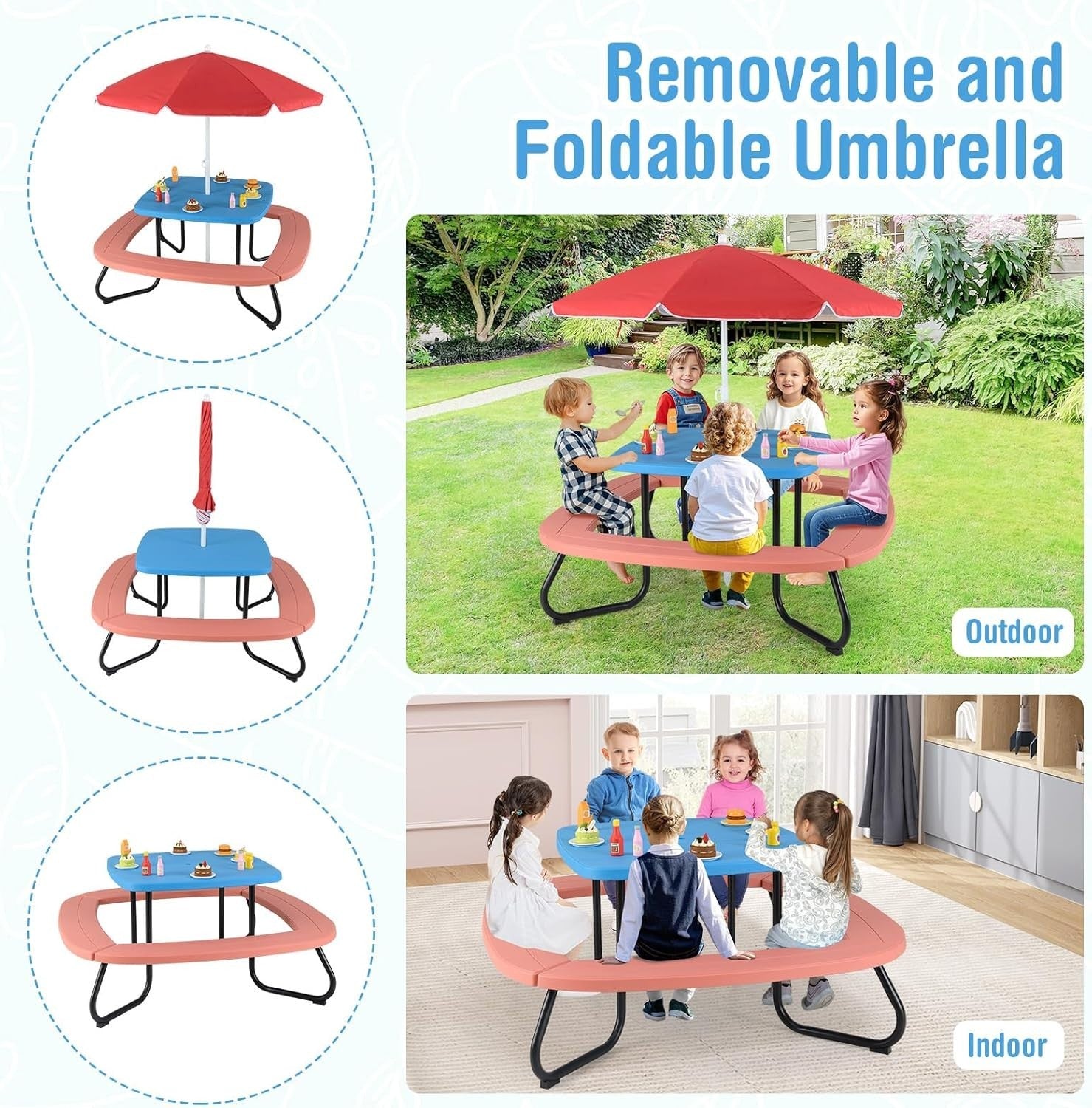Kids Outdoor Picnic Table Set with Adjustable Umbrella, Seats 8, Red+Blue