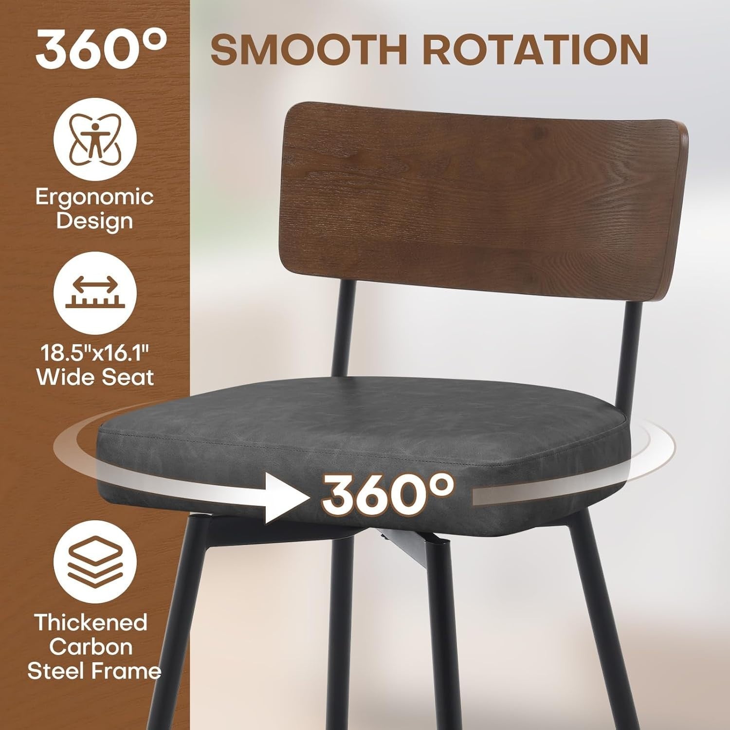 Grey Wood Back Swivel Bar Stools Set of 2 | PU Leather Counter Chairs