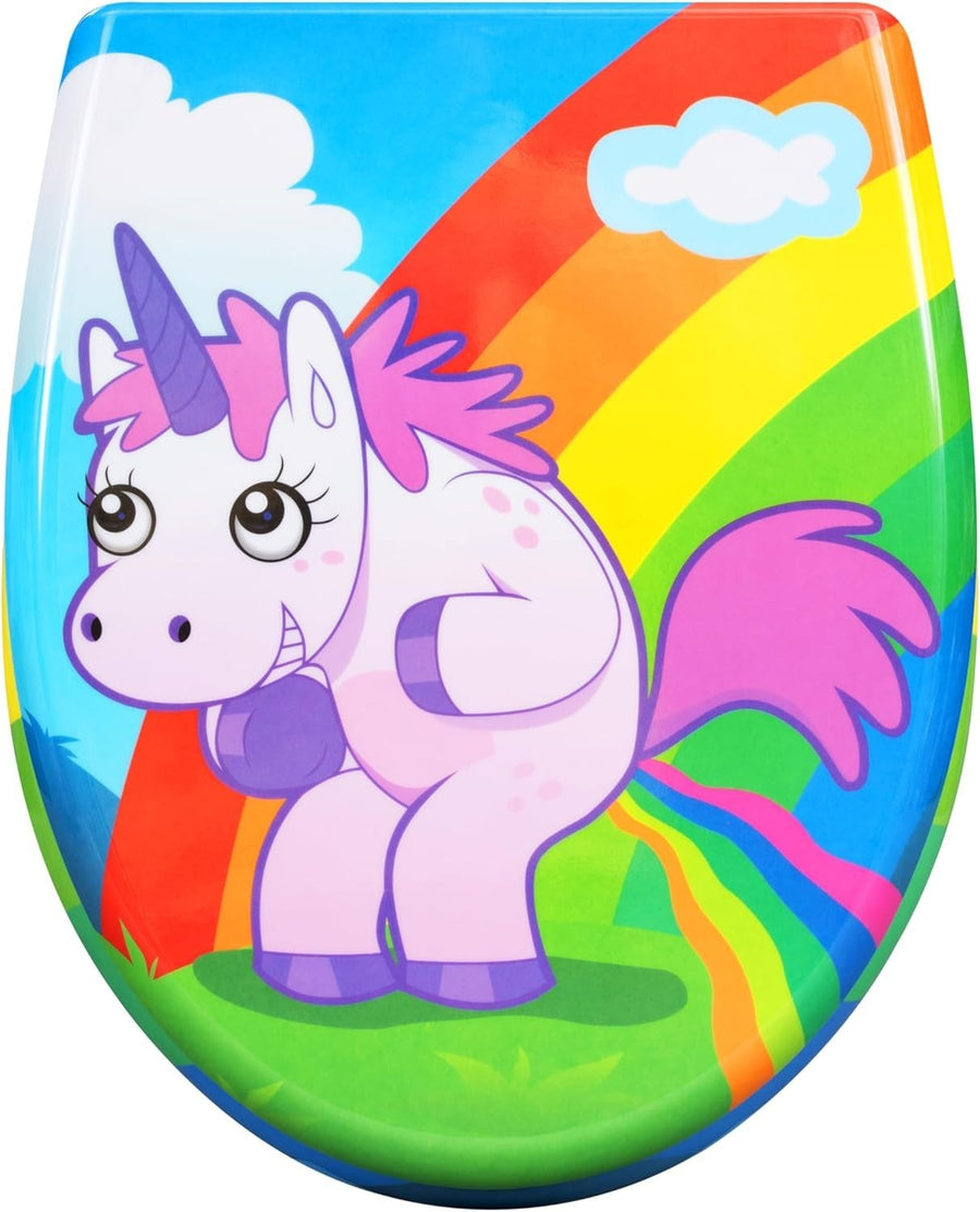 Soft Close O-Shaped Toilet Seat Quick Release Duroplast Rainbow Unicorn Print