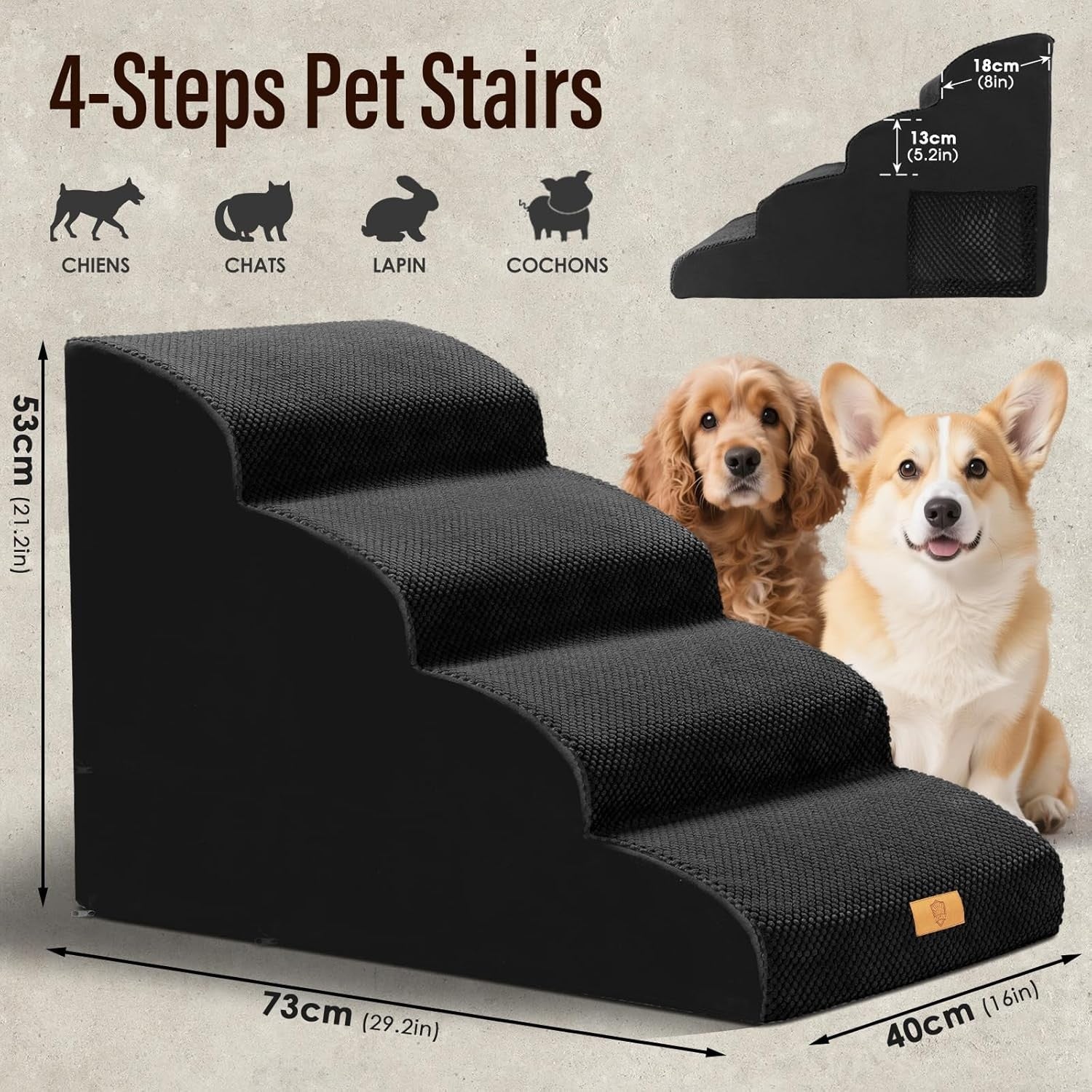 Black 4 Step Dog Ramp 30D Foam Non Slip Stairs 73x40x51cm
