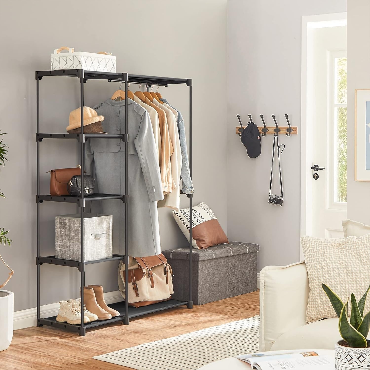 Freestanding Wardrobe with Shelves & Rails – Black 165cm
