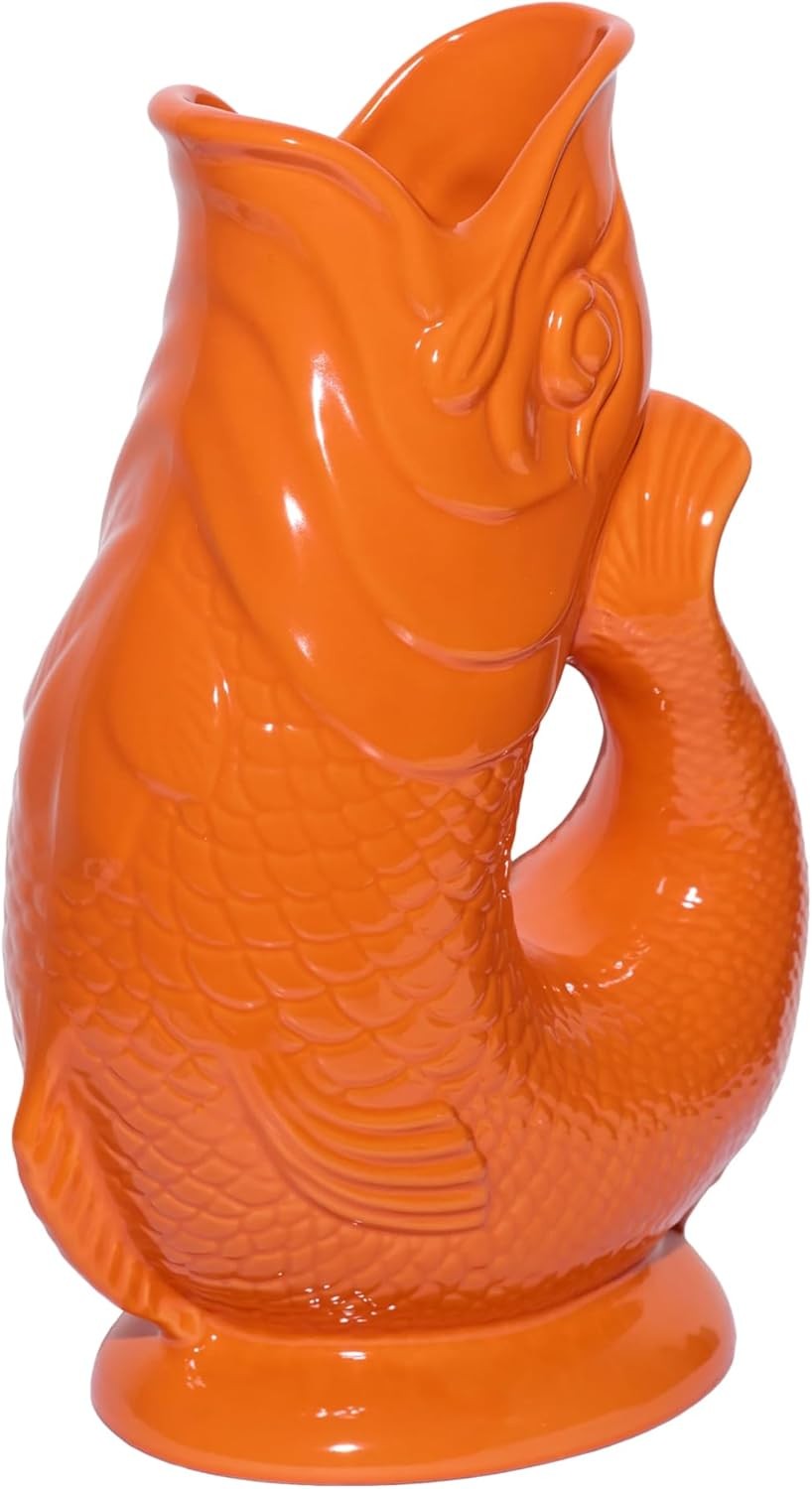 Fish Shaped Glug Jug Orange Ceramic Water Pitcher Decorative 0.6L 22cm