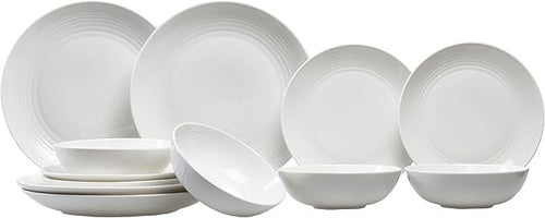 12pc White Stoneware Dinner Set Plates Bowls Modern Minimal Service for 4