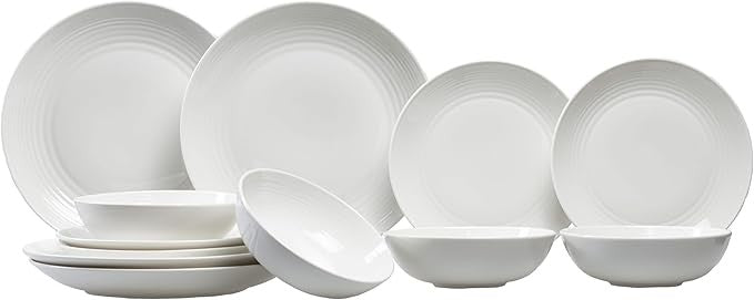 12pc White Stoneware Dinner Set Plates Bowls Modern Minimal Service for 4