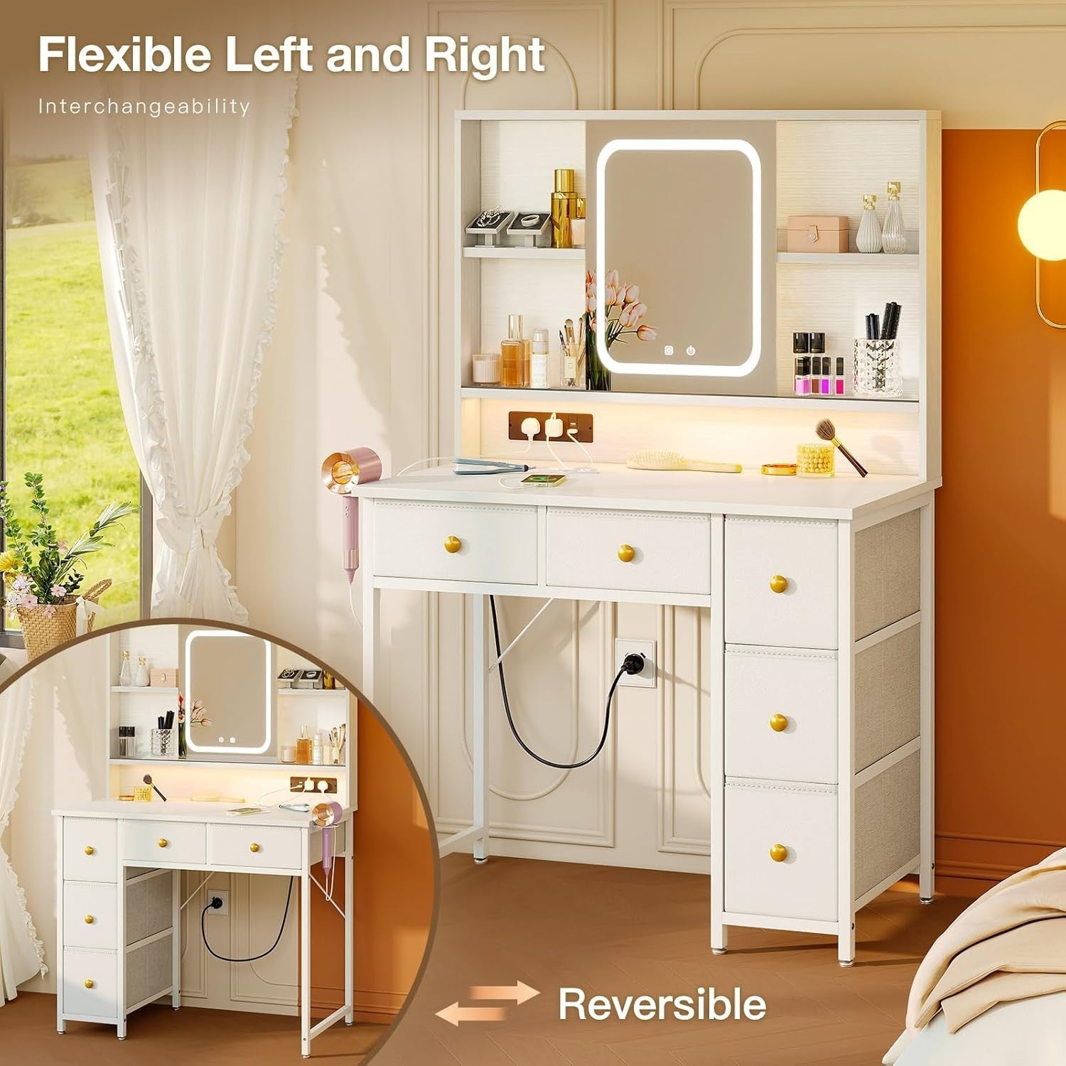 White LED Dressing Table Vanity Desk 5 Drawers RGB Power Outlet Makeup Storage