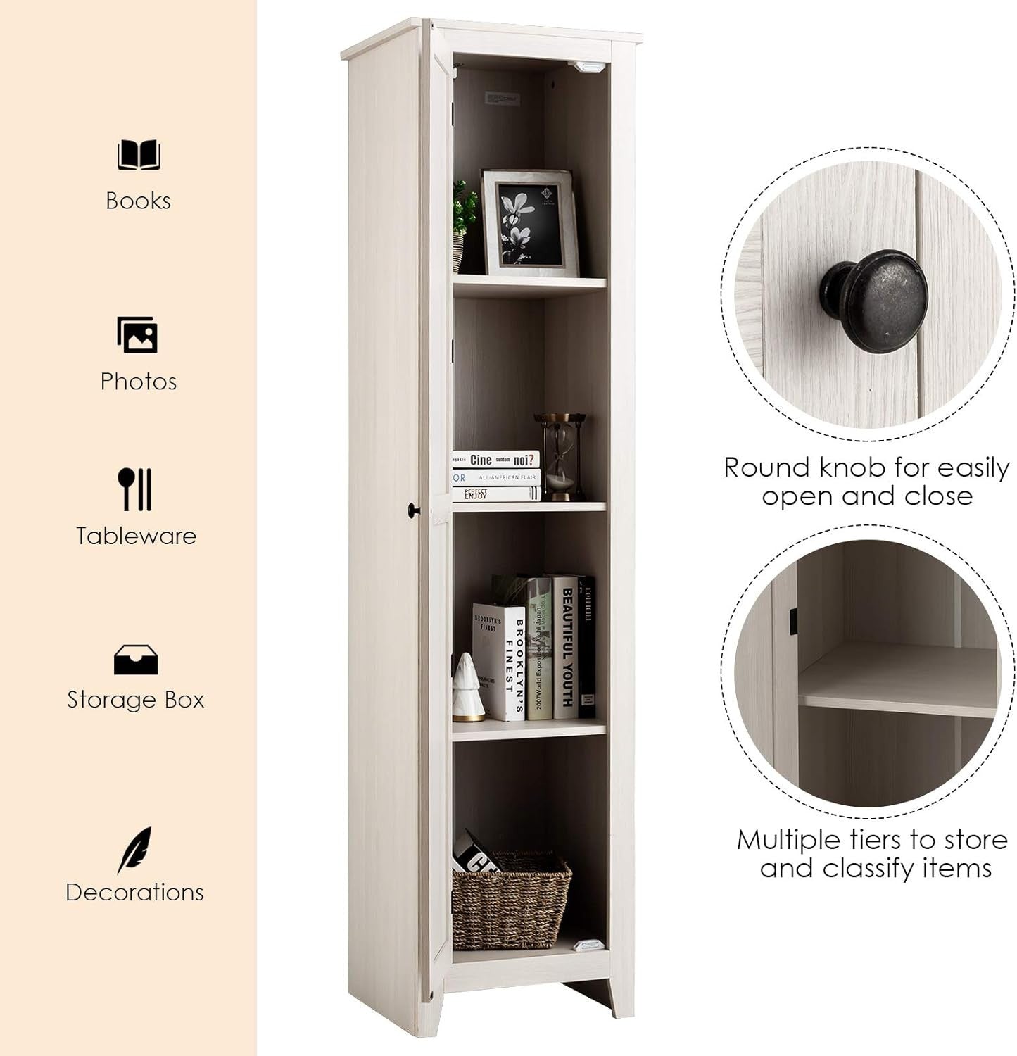 Tall Bathroom Storage Cabinet 4 Shelves, Narrow Wooden Cupboard 46x40x183cm