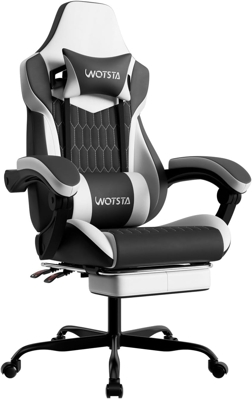 Ergonomic Gaming Chair Black White w/ Footrest Lumbar