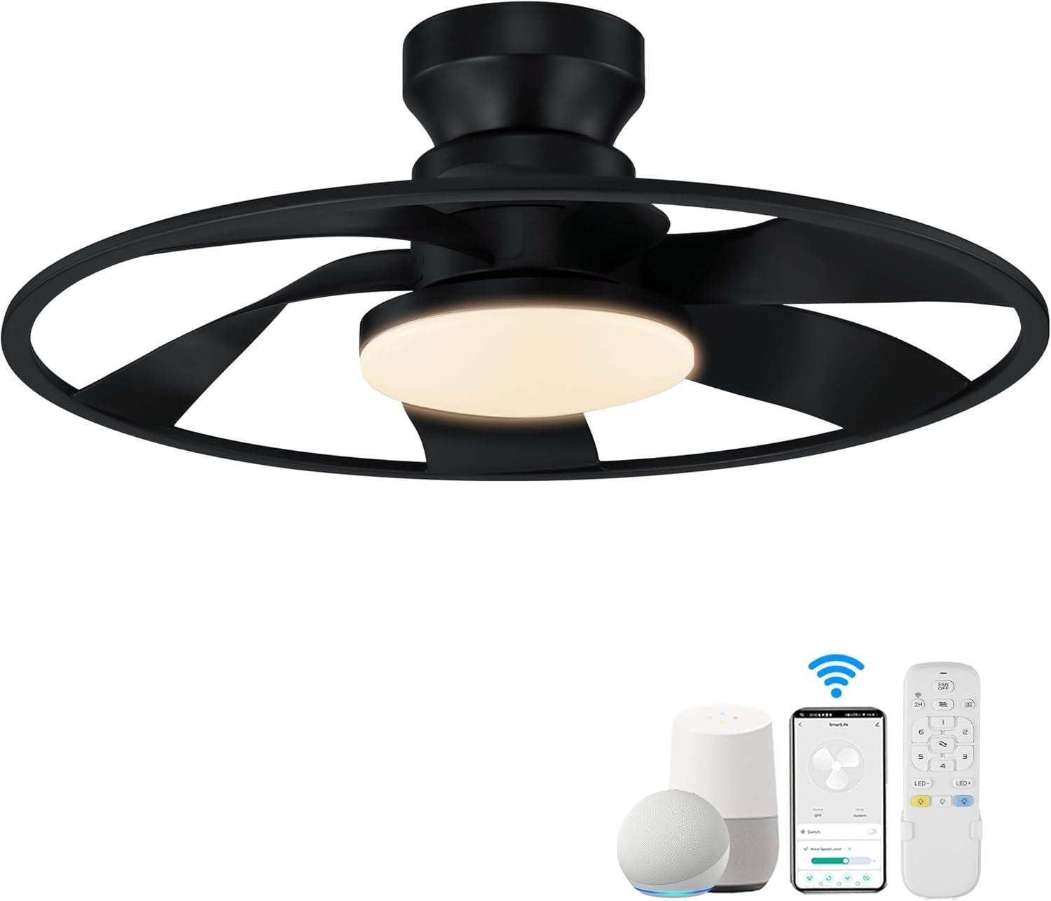 Hoenofly 22" Smart Ceiling Fan with Light, WiFi App Remote, Dimmable – Black