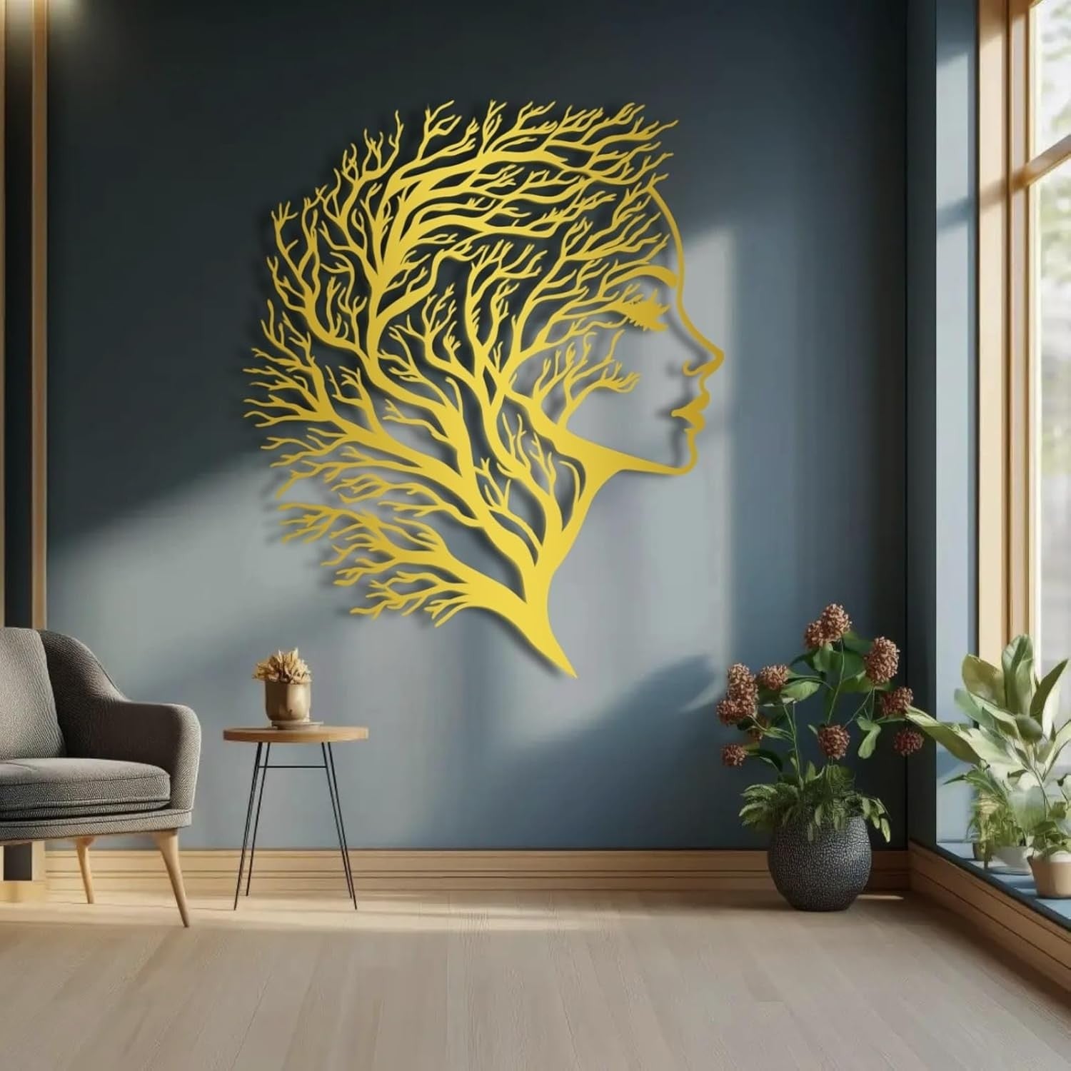 Metal Tree Wall Art with Woman Face 70x58cm Modern Decor