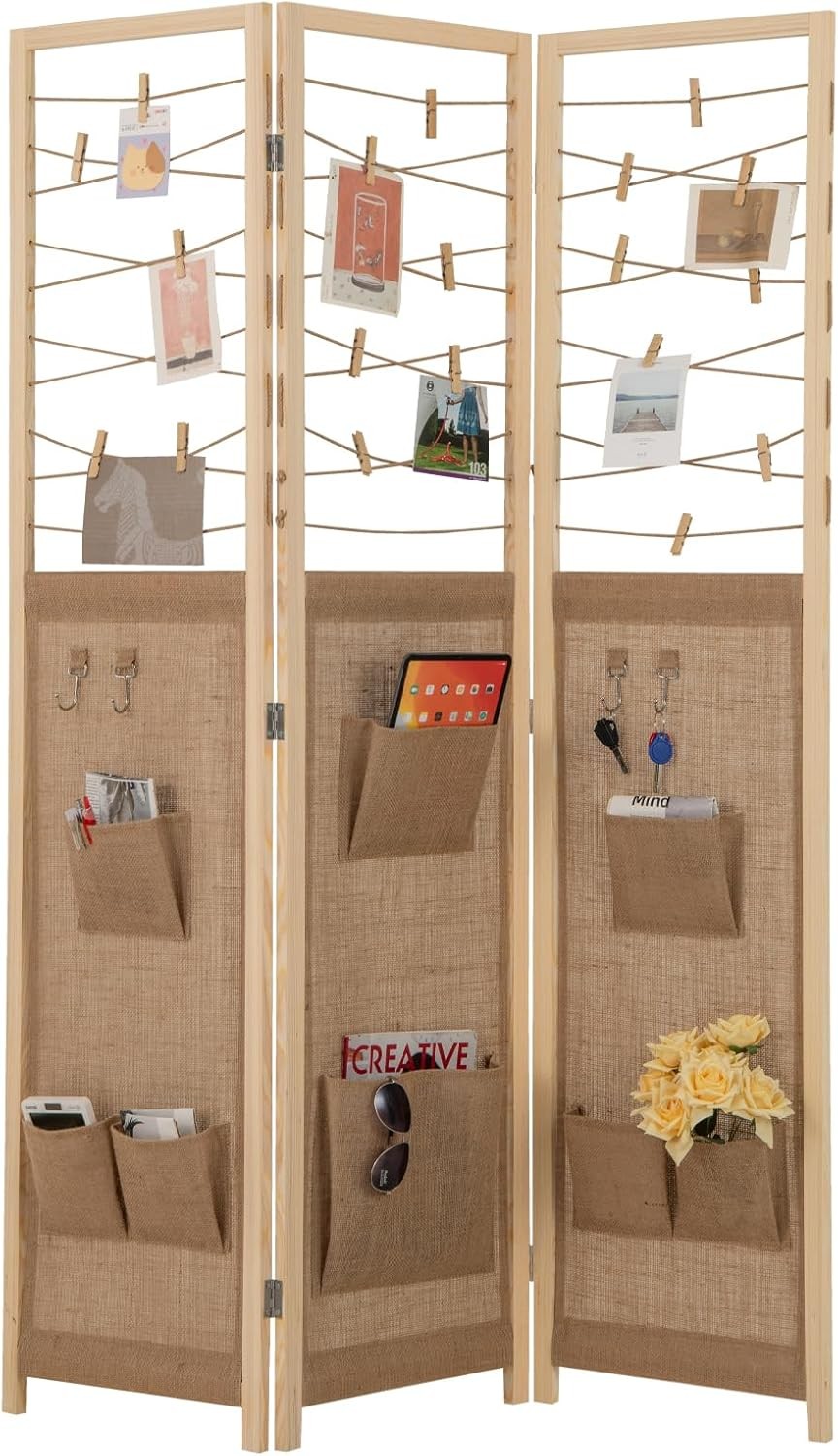 3 Panel Fabric Folding Room Divider with Hooks & Storage Pockets 120x170cm