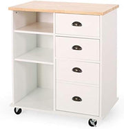 Contemporary Rolling Kitchen Cart with Rubberwood Top, Drawers & Shelves