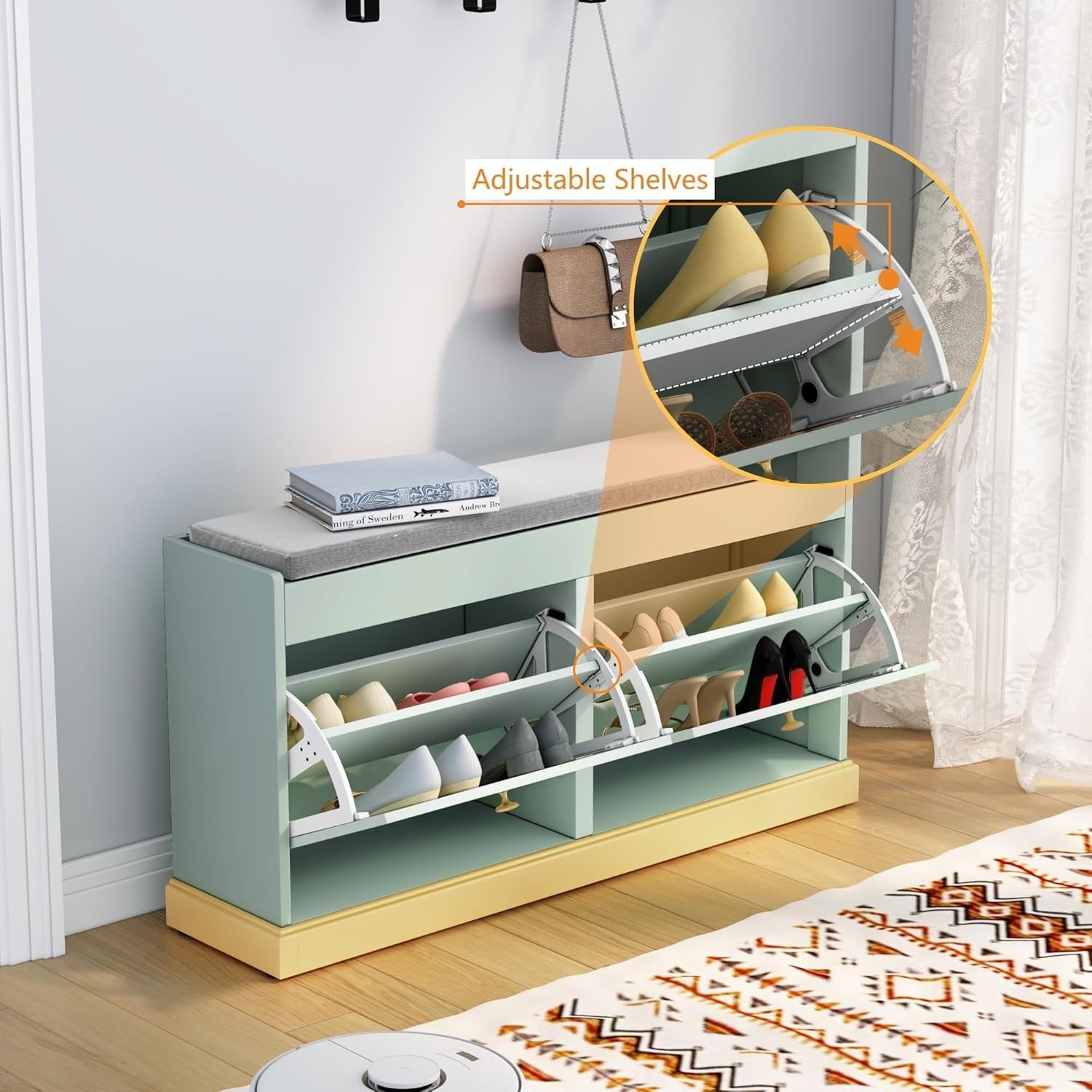 Green Shoe Bench with Cushion & Flip Drawer Hallway Storage 99.6x27.2x49.5cm