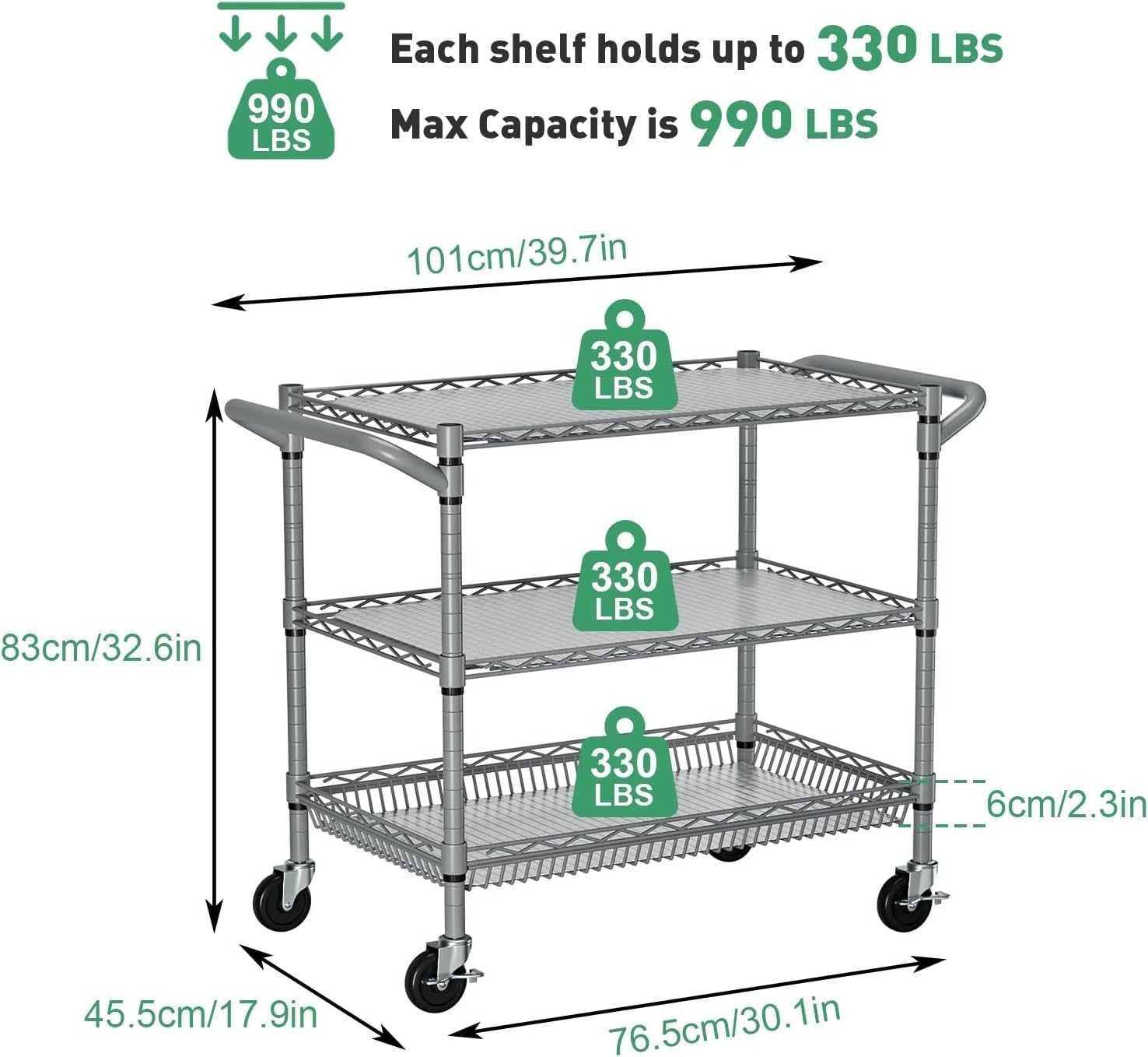 Heavy Duty 3 Tier Wire Utility Cart 449kg Wheels
